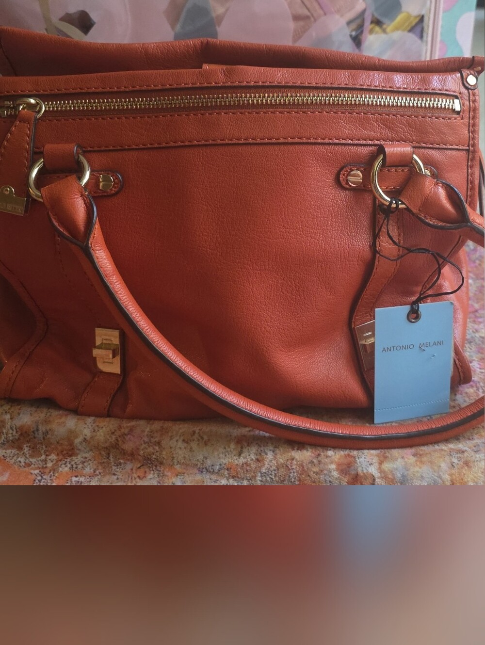 ANTONIO MELANI Orange Leather Shoulder Tote with Gold Accents